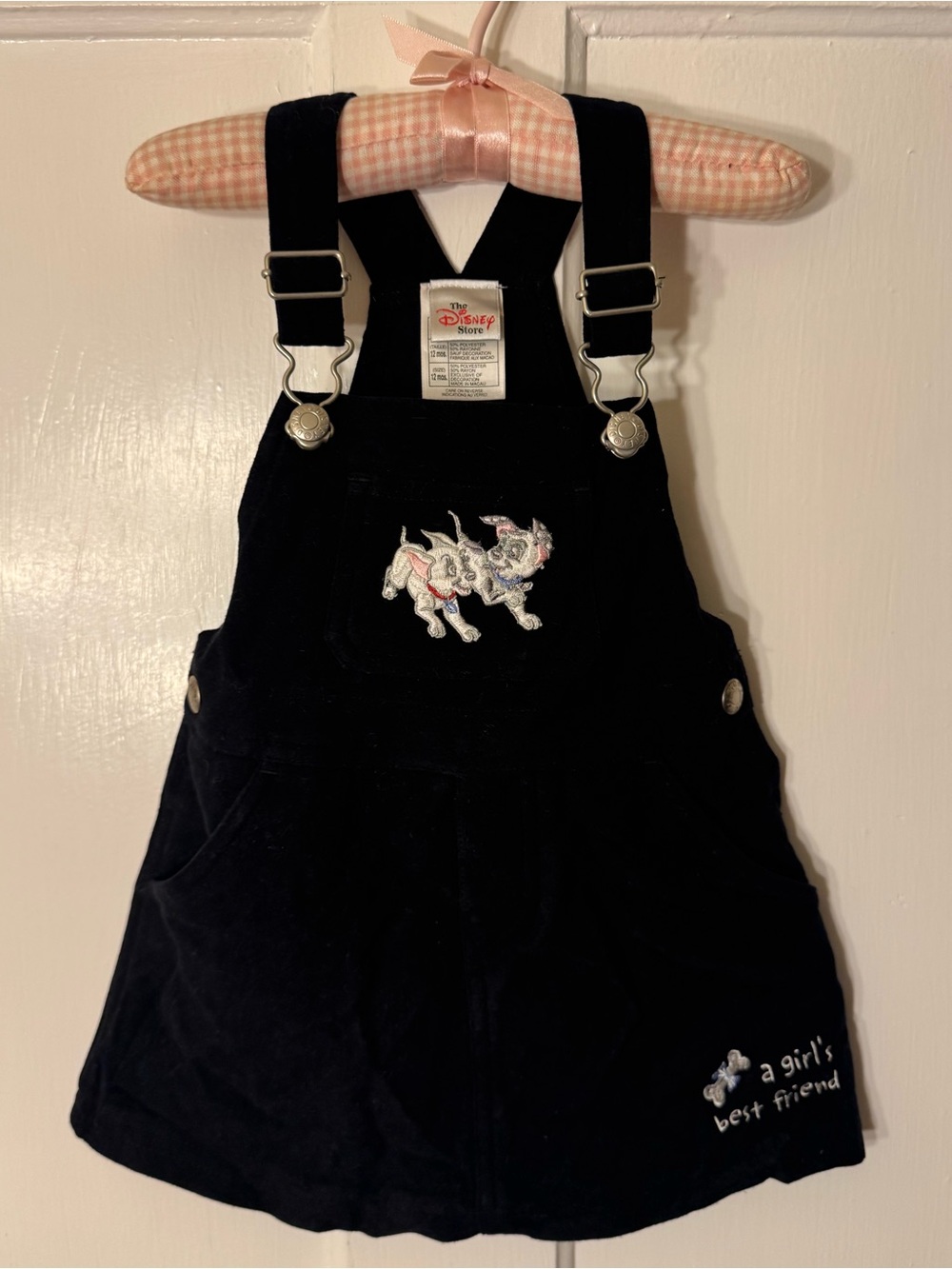 Disney Black Velour Girls' Overall Dress with Puppy Embroidery, 12 months EUC